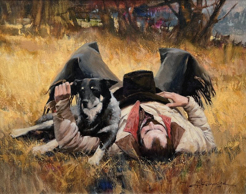 Howard Rogers End Of A Long Day cowboy dog man's best friend western oil painting