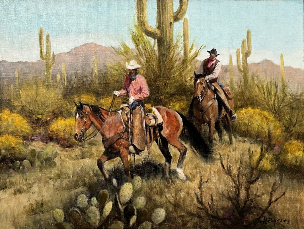 Howard Rogers Two Cowboys cacti saguaro cactus desert mountain Arizona landscape oil painting