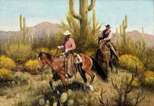 Howard Rogers Two Cowboys cacti saguaro cactus desert mountain Arizona landscape oil painting
