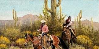 Howard Rogers Two Cowboys cacti saguaro cactus desert mountain Arizona landscape oil painting