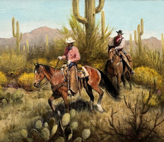 Howard Rogers Two Cowboys cacti saguaro cactus desert mountain Arizona landscape oil painting