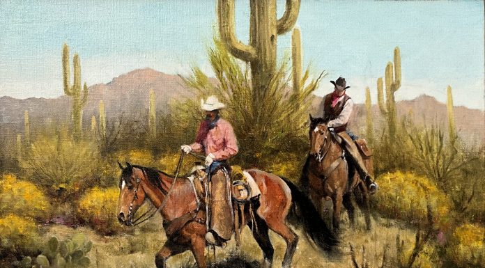 Howard Rogers Two Cowboys cacti saguaro cactus desert mountain Arizona landscape oil painting