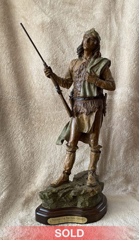 Bill Nebeker Watching' For The Long Knives Native American Indian figure figurative buffalo skull western bronze sculpture sold