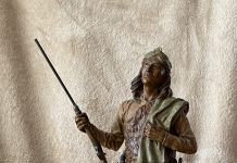 Bill Nebeker Watching' For The Long Knives Native American Indian figure figurative buffalo skull western bronze sculpture