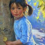 Jie Wei Zhou Autumn girl woman female figure figurative portrait tree woods impressionistic oil painting Asian Chinese