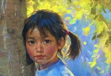 Jie Wei Zhou Autumn girl woman female figure figurative portrait tree woods impressionistic oil painting Asian Chinese
