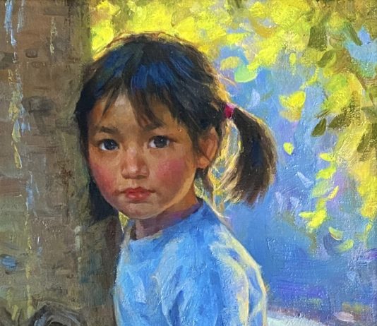 Jie Wei Zhou Autumn girl woman female figure figurative portrait tree woods impressionistic oil painting Asian Chinese