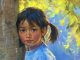 Jie Wei Zhou Autumn girl woman female figure figurative portrait tree woods impressionistic oil painting Asian Chinese