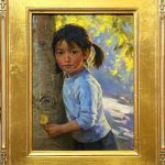 Jie Wei Zhou Autumn girl woman female figure figurative portrait tree woods impressionistic oil painting Asian Chinese framed