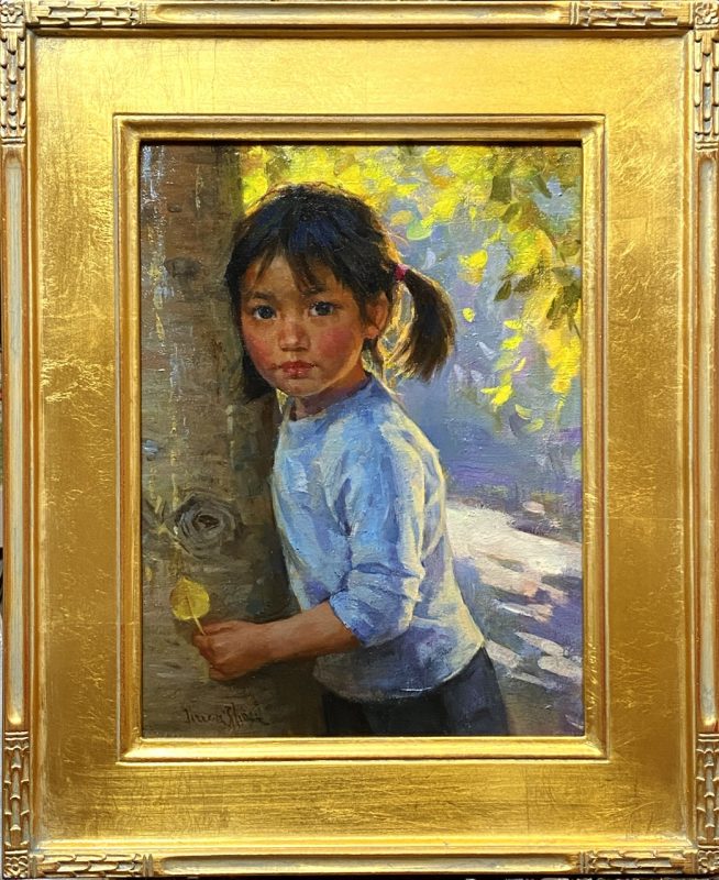 Jie Wei Zhou Autumn girl woman female figure figurative portrait tree woods impressionistic oil painting Asian Chinese framed