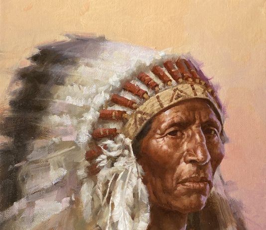 Jie Wei Zhou Chief Native American Indian leader warrior eagle feathers head dress portrait man figure figurative western oil painting