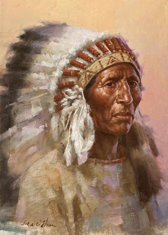 Jie Wei Zhou Chief Native American Indian leader warrior eagle feathers head dress portrait man figure figurative western oil painting