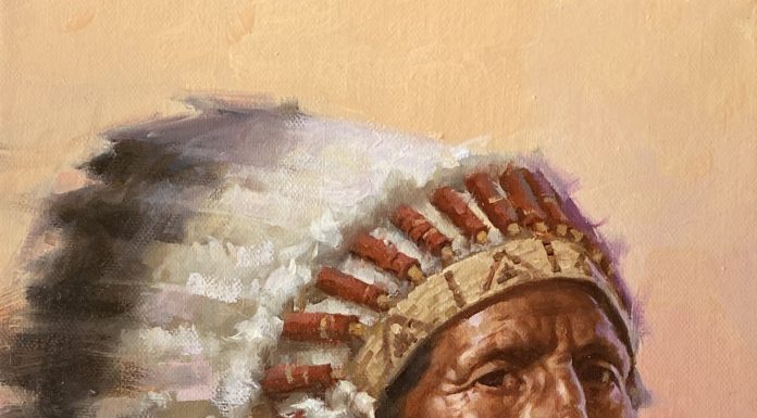 “Chief” Jie Wei Zhou Jie Wei Zhou Chief Native American Indian leader warrior eagle feathers head dress portrait man figure figurative western oil painting