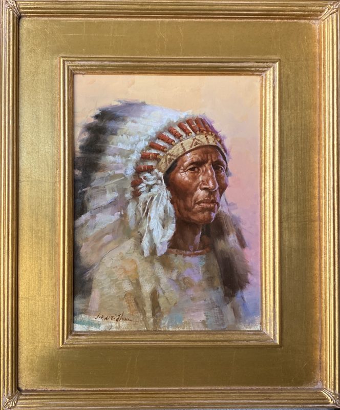 Jie Wei Zhou Chief Native American Indian leader warrior eagle feathers head dress portrait man figure figurative western oil painting framed
