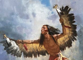 Jie Wei Zhou Eagle Dance Native American ceremony Indian western oil painting