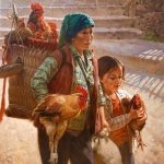 Jie Wei Zhou Farmer's Market chicken rooster Chinese Asian figure figurative oil painting