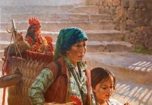 Jie Wei Zhou Farmer's Market chicken rooster Chinese Asian figure figurative oil painting