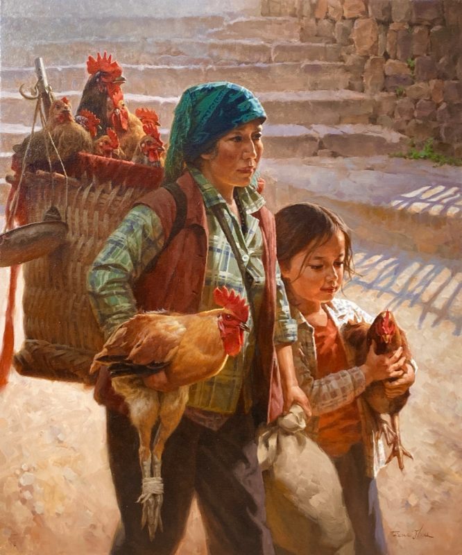 Jie Wei Zhou Farmer's Market chicken rooster Chinese Asian figure figurative oil painting 