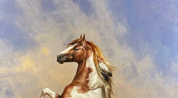 Jie Wei Zhou Getting A Better View paint horse equine western oil painting bucking horse