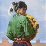Jie Wei Zhou Heritage In Her Hands Native American woman girl Monument Valley landscape western oil painting sold