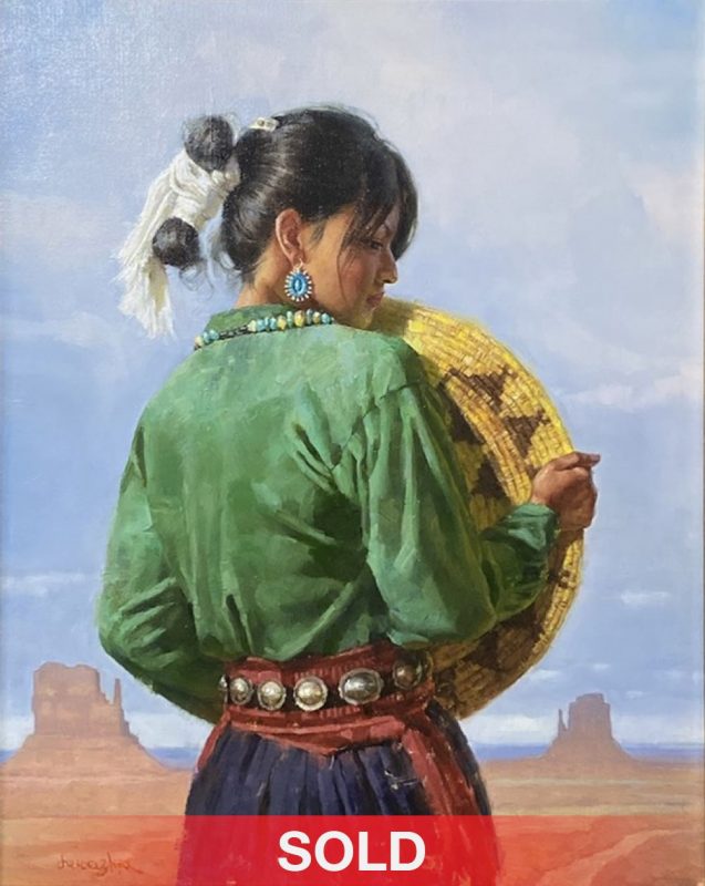 Jie Wei Zhou Heritage In Her Hands Native American woman girl Monument Valley landscape western oil painting sold