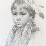 Jie Wei Zhou Innocent Native American girl woman eagle feathers Indian girl western pencil portrait sold