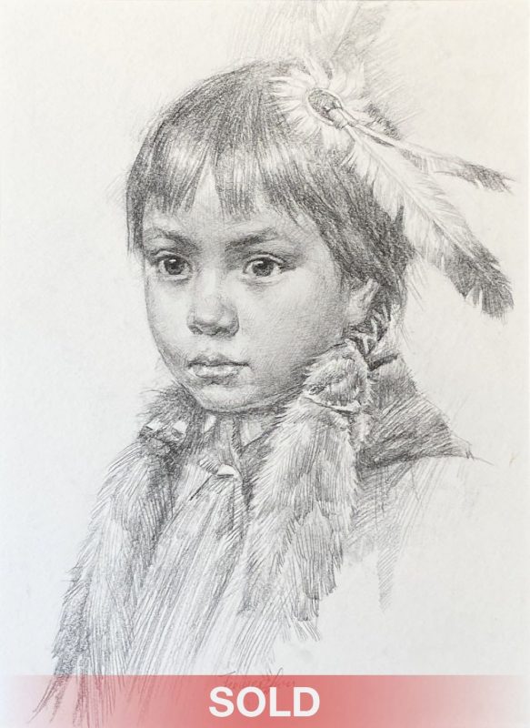 Jie Wei Zhou Innocent Native American girl woman eagle feathers Indian girl western pencil portrait sold
