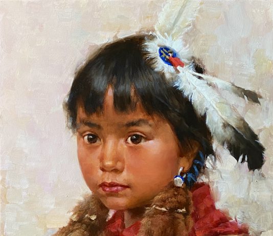 Jie Wei Zhou Innocent Native American portrait girl female woman portrait figure figurative oil painting