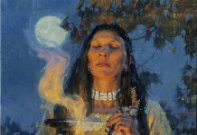 Jie Wei Zhou Moonlight Prayer Native American Indian woman squaw girl moon ceremony western oil painting