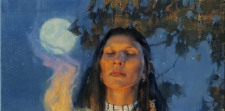 Jie Wei Zhou Moonlight Prayer Native American Indian woman squaw girl moon ceremony western oil painting