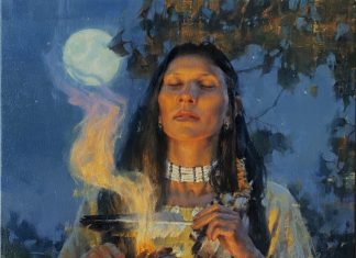 Jie Wei Zhou Moonlight Prayer Native American Indian woman squaw girl moon ceremony western oil painting