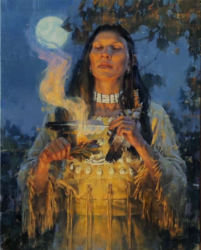 Jie Wei Zhou Moonlight Prayer Native American Indian woman squaw girl moon ceremony western oil painting