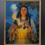 Jie Wei Zhou Moonlight Prayer Native American Indian woman squaw girl moon ceremony western oil painting framed