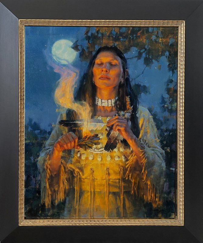 Jie Wei Zhou Moonlight Prayer Native American Indian woman squaw girl moon ceremony western oil painting framed
