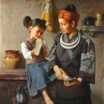 Jie Wei Zhou New Shoes mother and daughter figure portrait figurative Asian Chinese oil painting sold