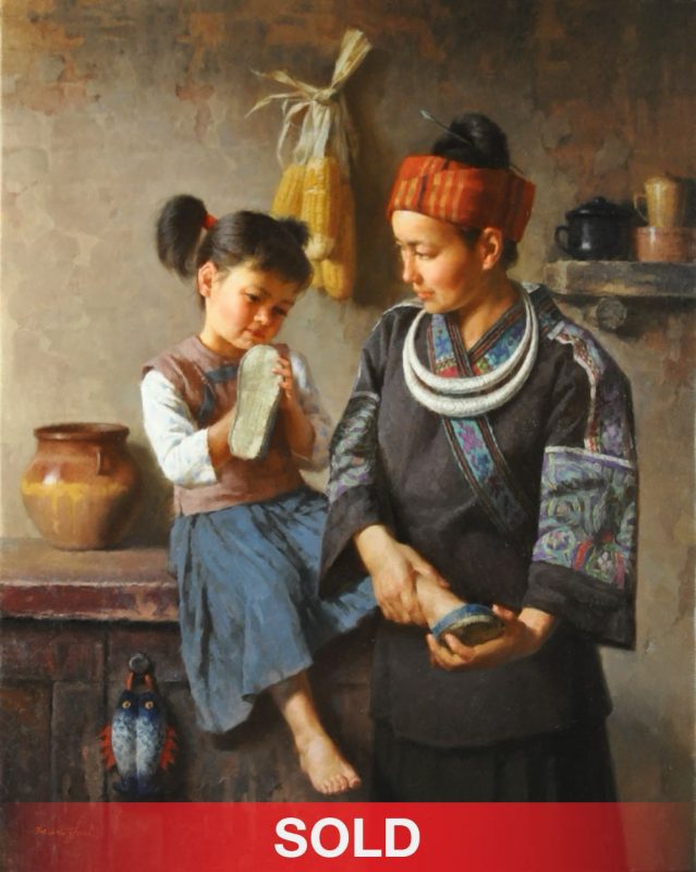 Jie Wei Zhou New Shoes mother and daughter figure portrait figurative Asian Chinese oil painting sold