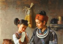 Jie Wei Zhou New Shoes mother and daughter figure portrait figurative Asian Chinese oil painting