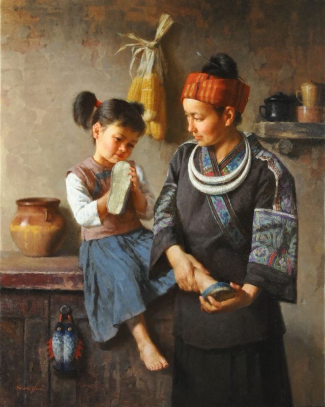 Jie Wei Zhou New Shoes mother and daughter figure portrait figurative Asian Chinese oil painting
