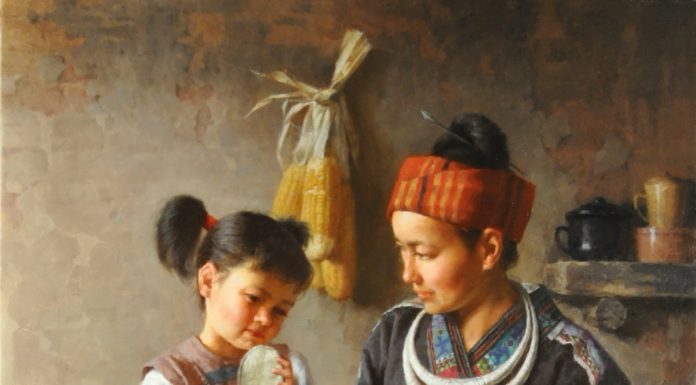 Jie Wei Zhou New Shoes mother and daughter figure portrait figurative Asian Chinese oil painting