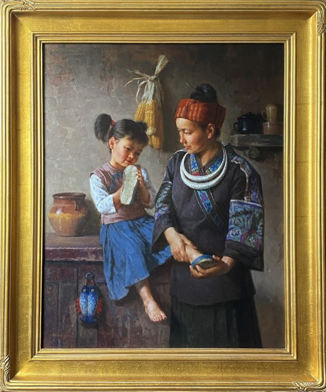 Jie Wei Zhou New Shoes mother and daughter figure portrait figurative Asian Chinese oil painting framed