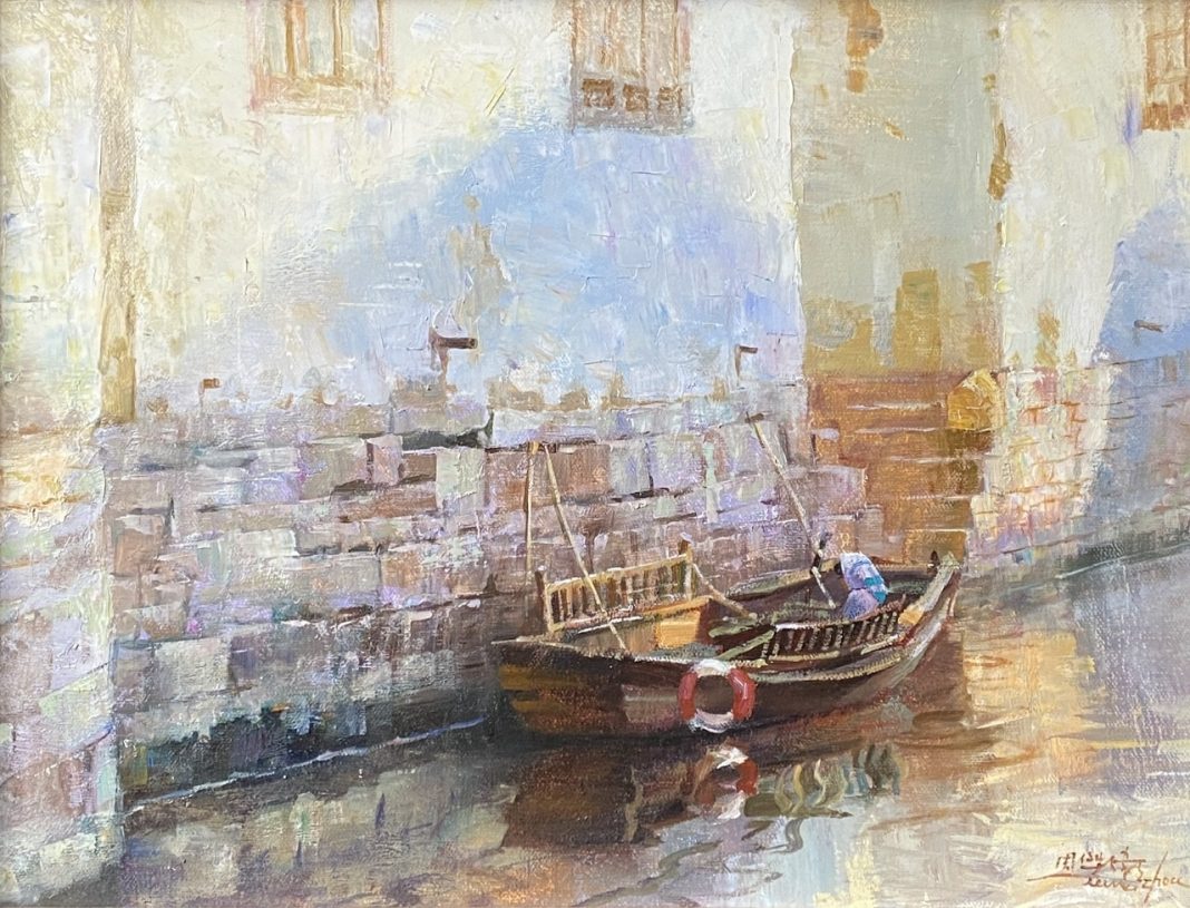 Jie Wei Zhou Quiet Afternoon boat water river China landscape oil painting