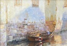 Jie Wei Zhou Quiet Afternoon boat water river China landscape oil painting
