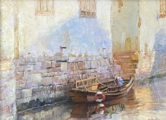 Jie Wei Zhou Quiet Afternoon boat water river China landscape oil painting