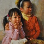 Jie Wei Zhou Sisters mother and daughter figure portrait figurative Asian Chinese oil painting sold