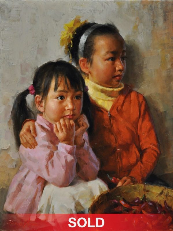 Jie Wei Zhou Sisters mother and daughter figure portrait figurative Asian Chinese oil painting sold