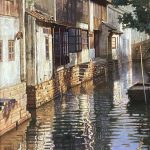 Jie Wei Zhou SuZhou II water architecture boat Shanghai China oil painting sold