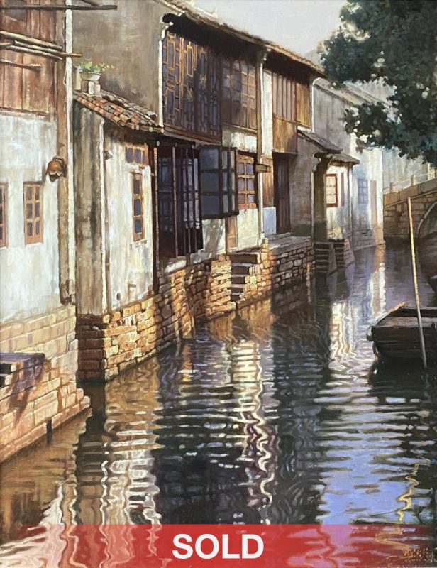 Jie Wei Zhou SuZhou II water architecture boat Shanghai China oil painting sold