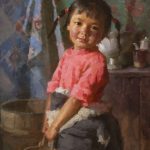 Jie Wei Zhou Tiebtan Girl With Pail portrait figure figurative Asian Chinese oil painting