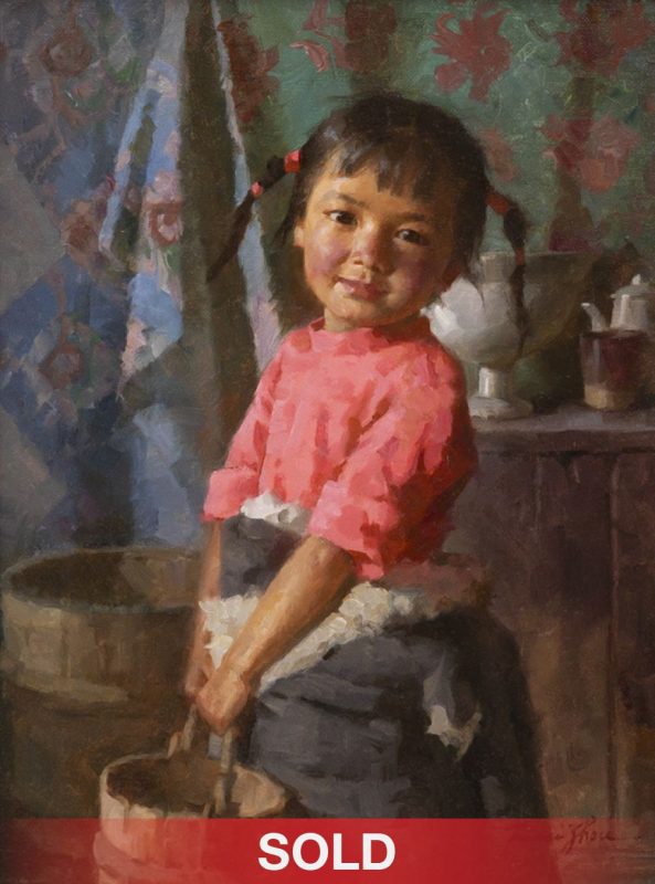 Jie Wei Zhou Tiebtan Girl With Pail portrait figure figurative Asian Chinese oil painting