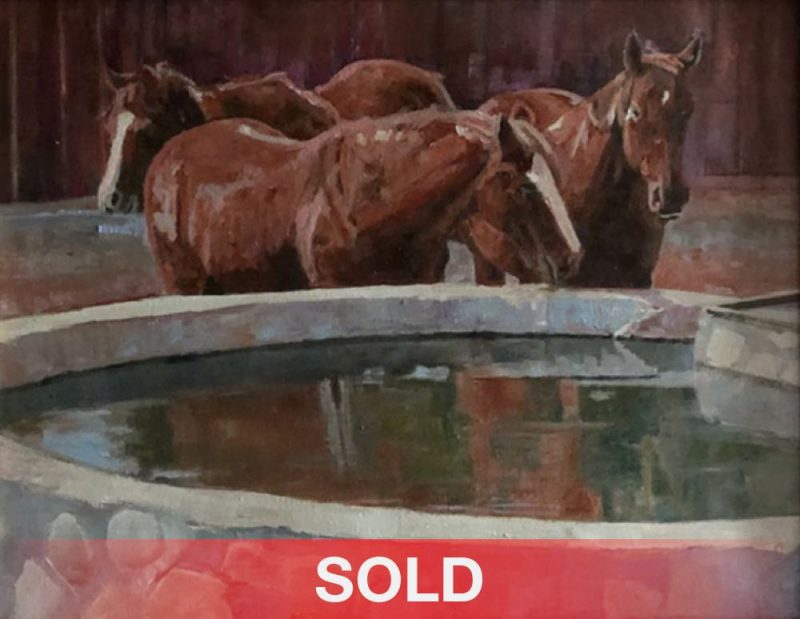 Tom Dorr First To The Trough horses morning drink western oil painting sold